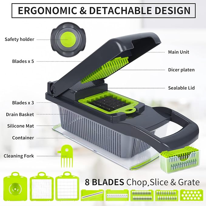 10-in-1 Vegetable Chopper & Slicer – Onion Chopper, Vegetable Dicer, Mandoline Cutter with Container
