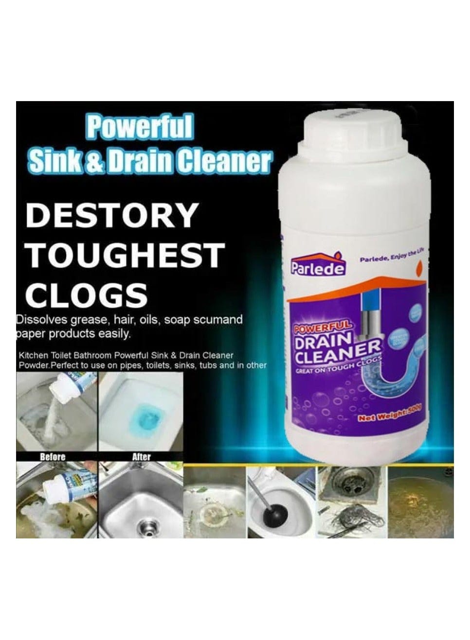 Parlede Powerful Drain Cleaner 500g – Fast-Acting Clog Remover for Kitchen & Bathroom Drains