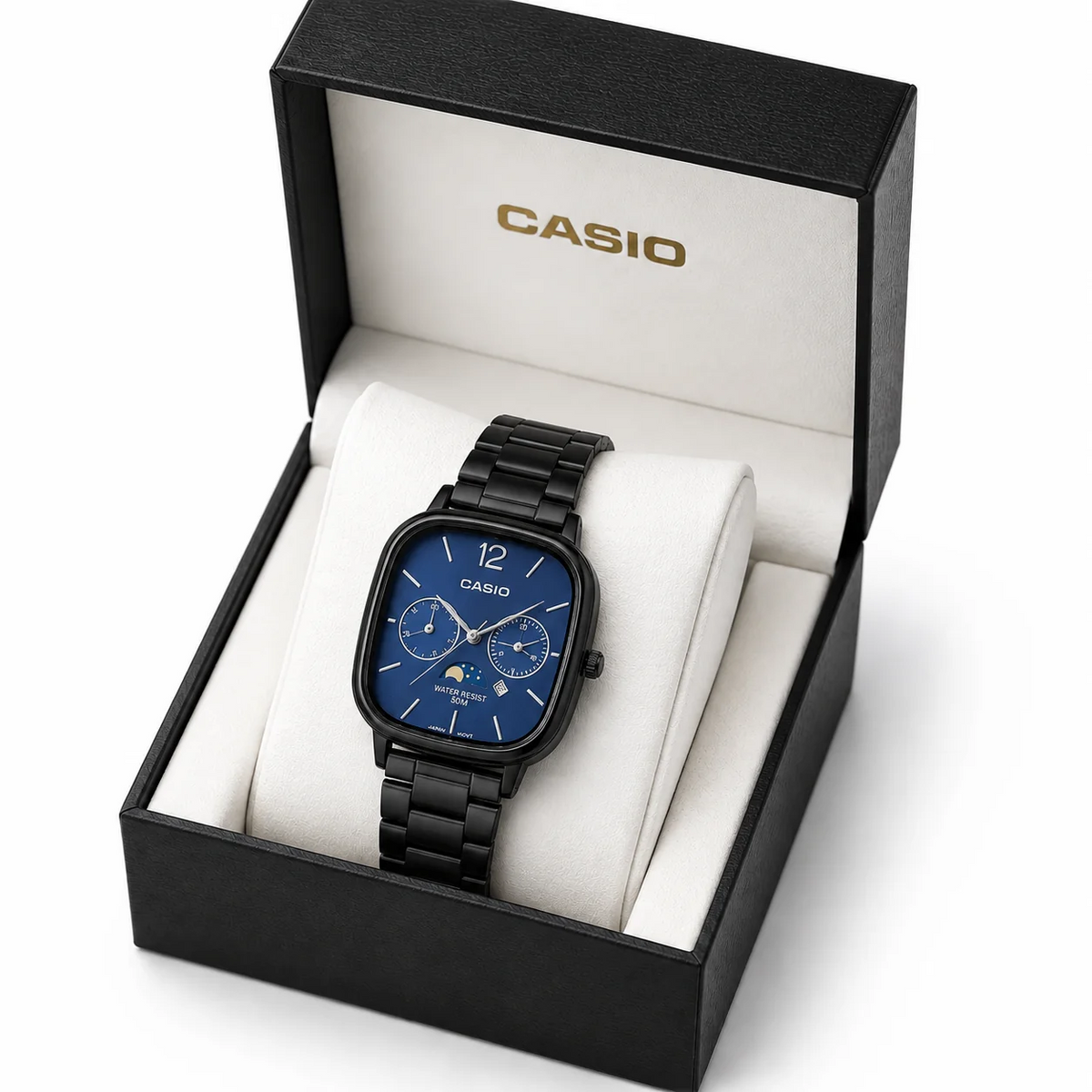 Casio Chrome Analog Watch – Multi-Dial Style, Water Resist